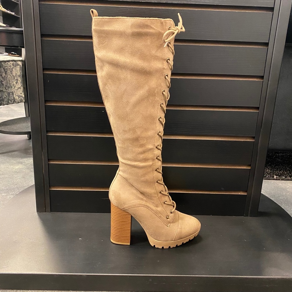 Taupe Lace Up Heeled Boots - Picture 5 of 6